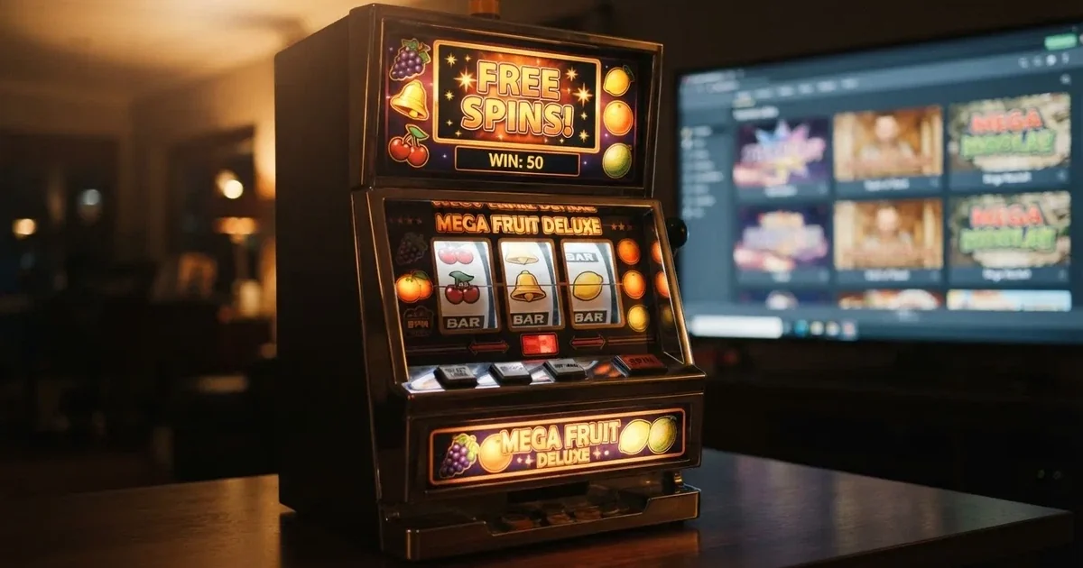 Herní automat s roztočenými válci a zvýrazněným nápisem „Free Spins“ na obrazovce, v pozadí minimalistické online casino rozhraní