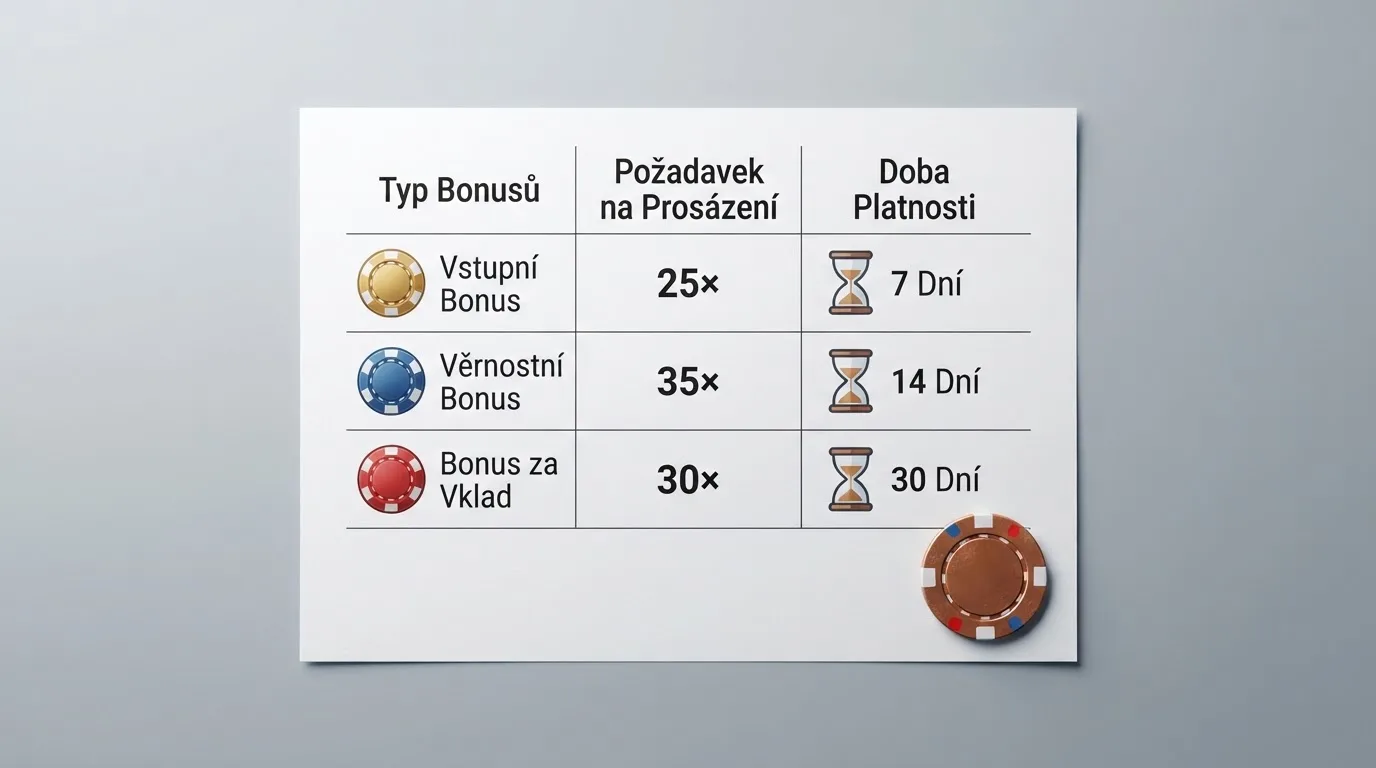 Tabulka s podmínkami bezvkladových bonusů — výše wageringu, maximální výběr a časový limit