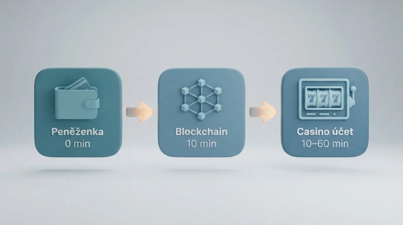 Schéma procesu bitcoinového vkladu — peněženka, blockchain, casino účet — s vyznačením časových úseků u každého kroku