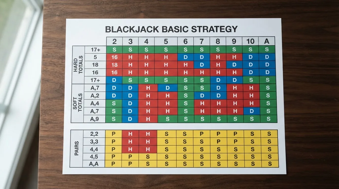 Tabulka základní strategie blackjacku s barevně odlišenými poli pro tah, stání, zdvojnásobení a rozdělení