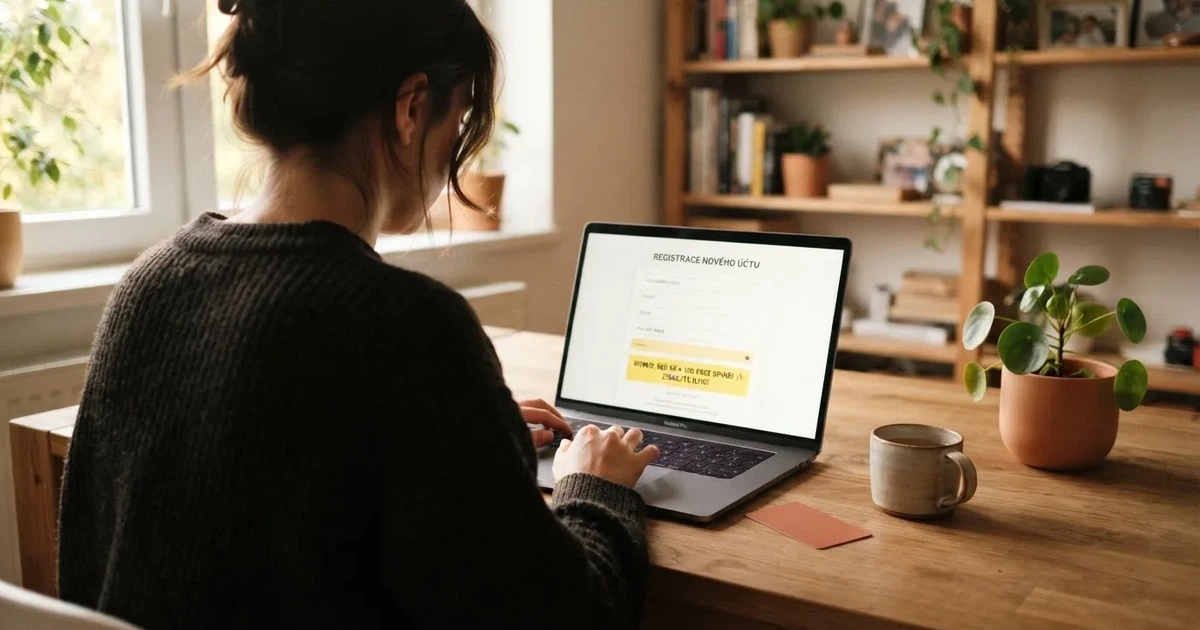 Hráč si prohlíží nabídku registračního bonusu na obrazovce notebooku, vedle klávesnice leží občanský průkaz
