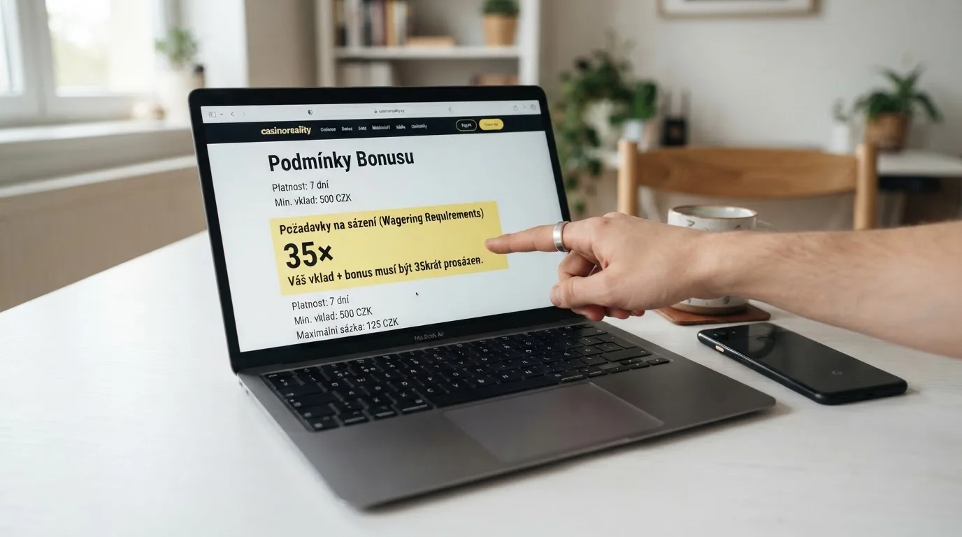 Detailní záběr na sekci „bonusové podmínky“ na webu kasina — zvýrazněné řádky s požadavkem na protočení (35×) a výherním limitem.