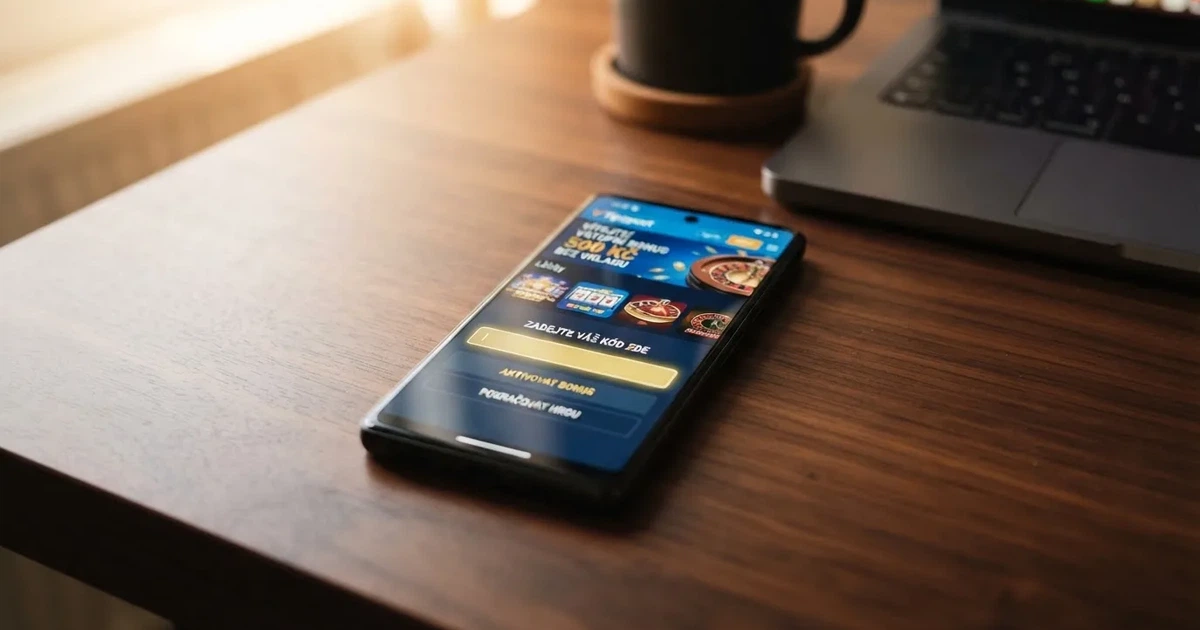 Prostředí online casina s viditelným polem pro zadání promo kódu a zvýrazněnou nabídkou bonusu bez vkladu