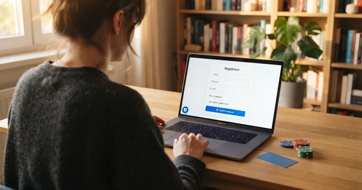 Rozdělená obrazovka: vlevo formulář českého licencovaného kasina s tlačítkem Bank iD, vpravo anonymní registrační pole zahraničního webu