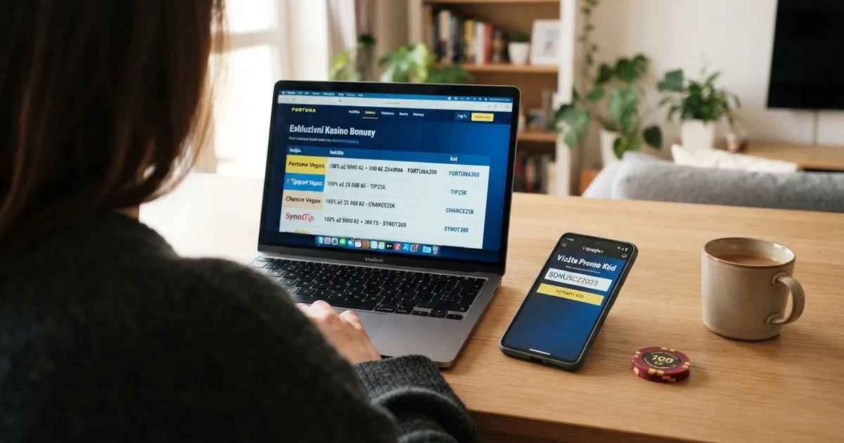 Mobilní telefon a notebook zobrazující přehled promo kódů v českém online casinu vedle srovnávací tabulky bonusových nabídek