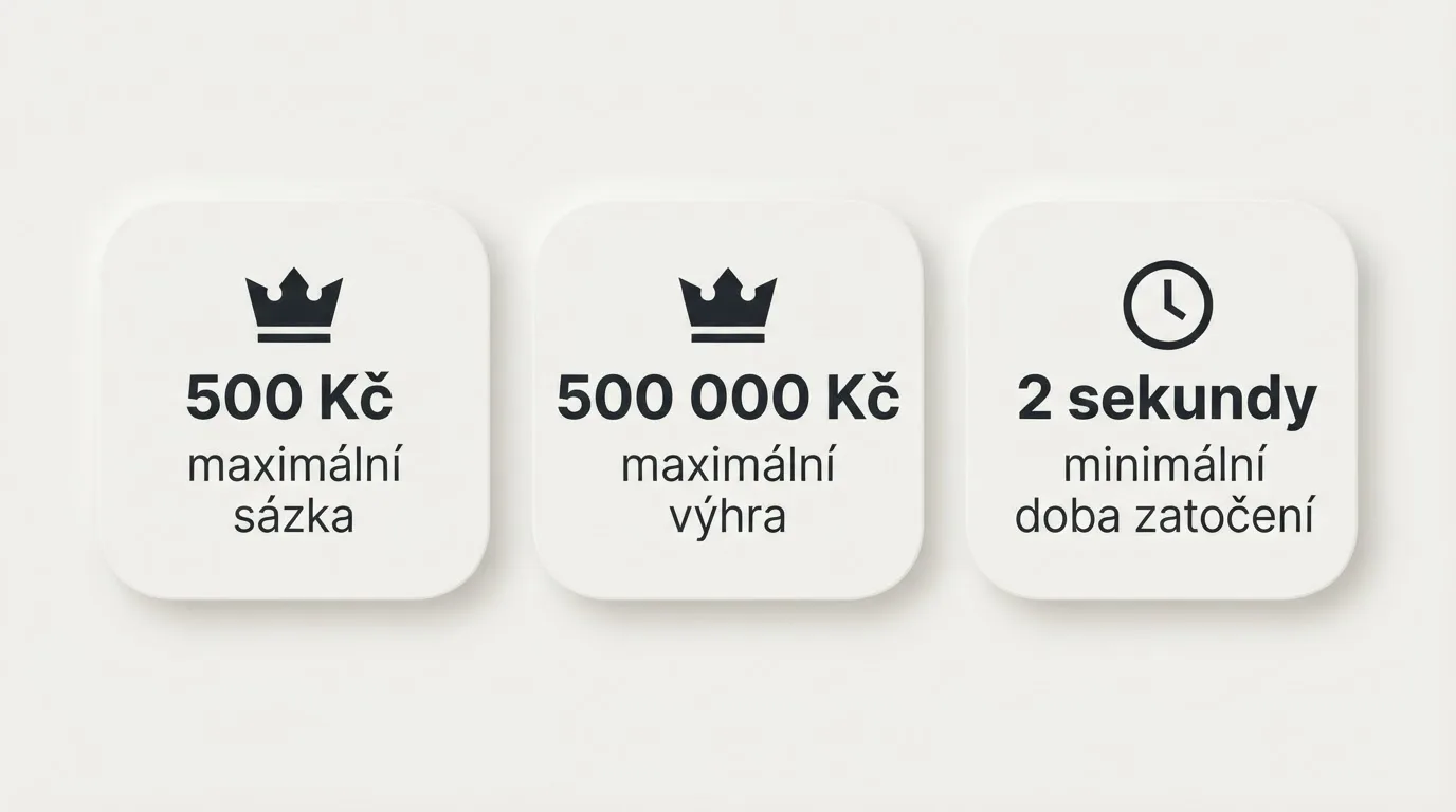 Infografika tří zákonných limitů: max sázka 500 Kč, max výhra 500 000 Kč, minimálně 2 sekundy na zatočení
