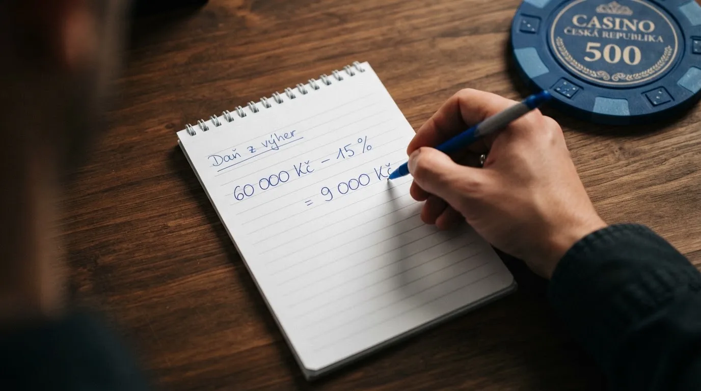 Kalkulačka nebo papír s výpočtem: „60 000 Kč výhra − 15 % daň = daňová povinnost 9 000 Kč“ vedle symbolu finančního úřadu