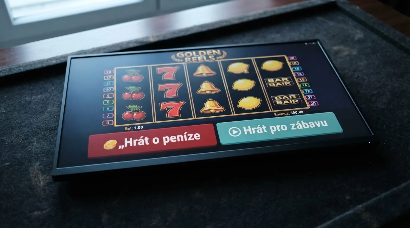 Tlačítka „Hrát o peníze“ a „Hrát pro zábavu“ vedle sebe na herním rozhraní automatu