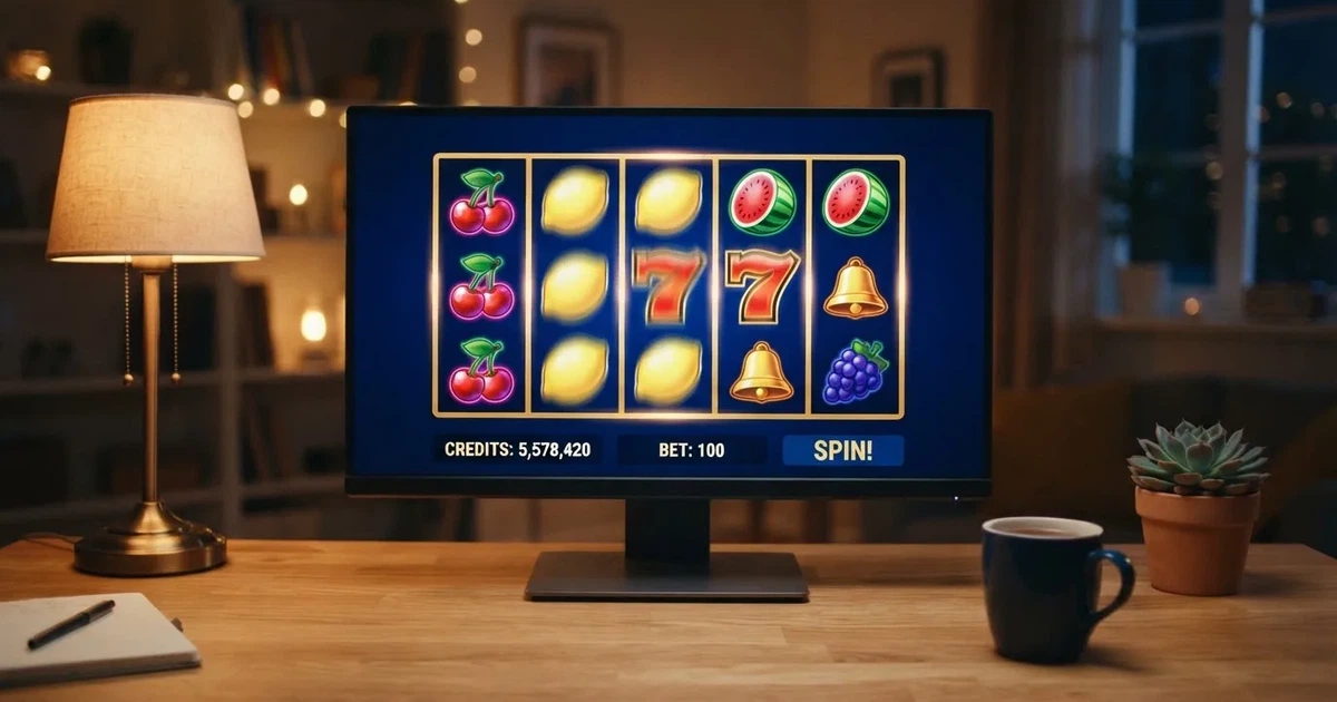Hrací automat s ovocnými symboly na obrazovce počítače, demo režim s virtuálními kredity