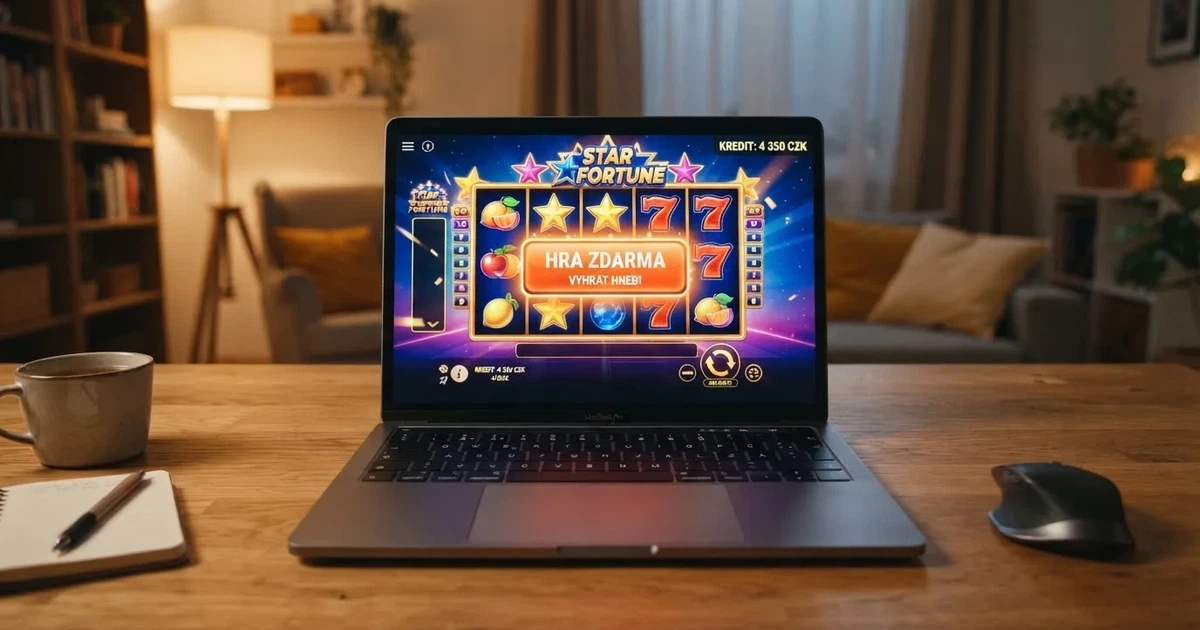 Rozhraní demo režimu českého licencovaného online casina v prohlížeči na notebooku, viditelné virtuální kredity a tlačítko „hrát zdarma“