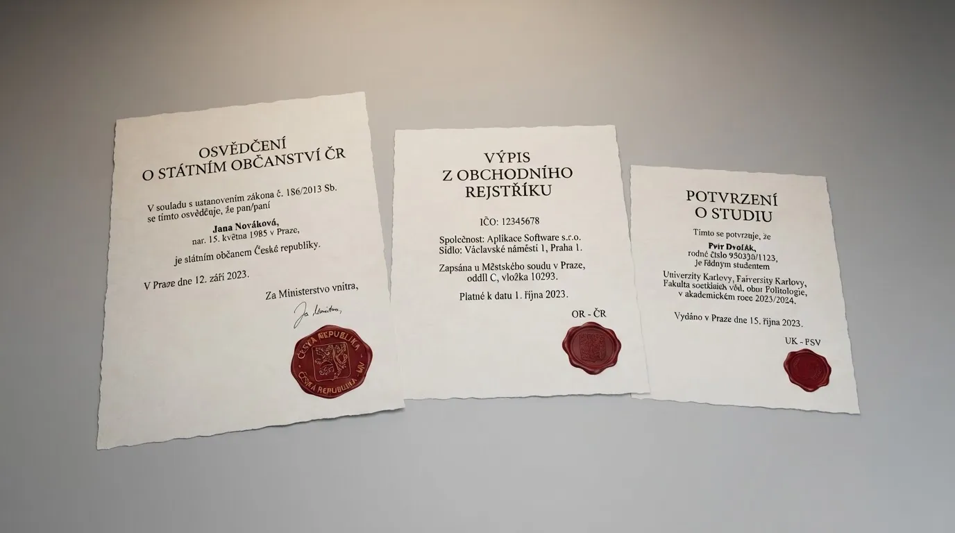 Tři úřední dokumenty s pečetí — licence MGA, UKGC a Curaçao vedle sebe na stole
