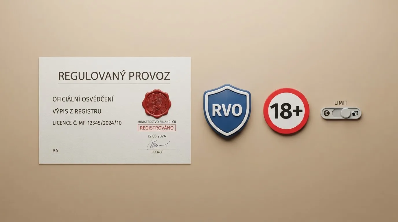Koláž: dokument s logem Ministerstva financí ČR, razítko „Základní povolení“, ikona štítu s nápisem RVO, vedle symbol 18+ a ikona limitu