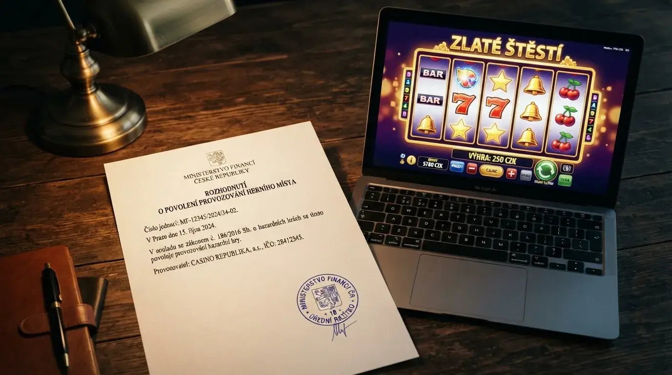 Úřední dokument s logem Ministerstva financí ČR a razítkem vedle obrazovky s online automatem
