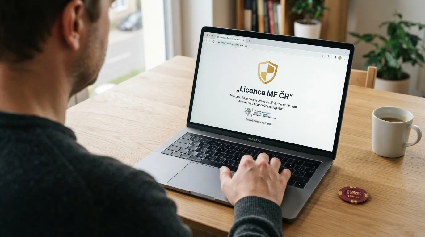 Úřední dokument s razítkem Ministerstva financí ČR vedle obrazovky s online casinem