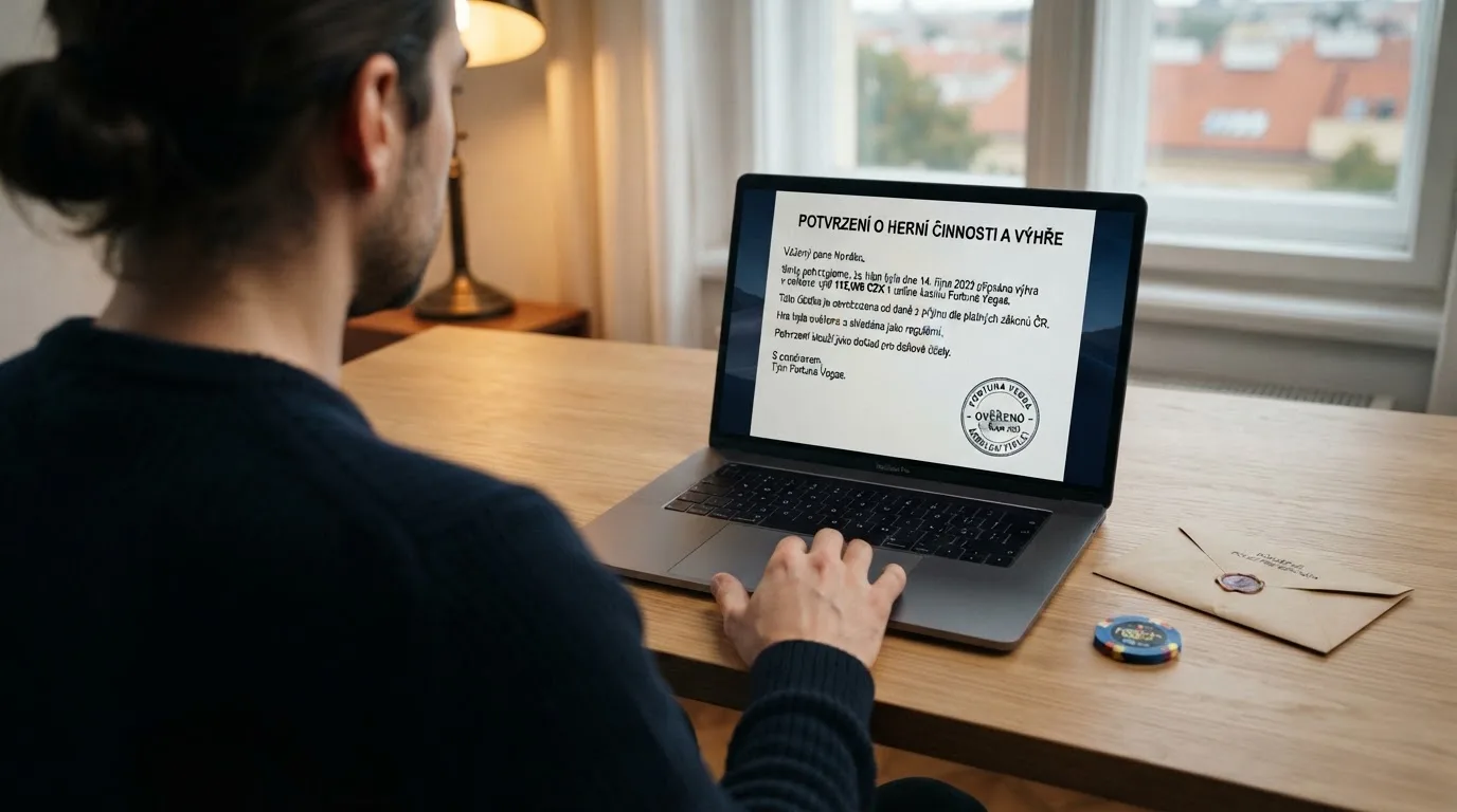 Úřední dokument s razítkem Ministerstva financí ČR a logem licencovaného online casina