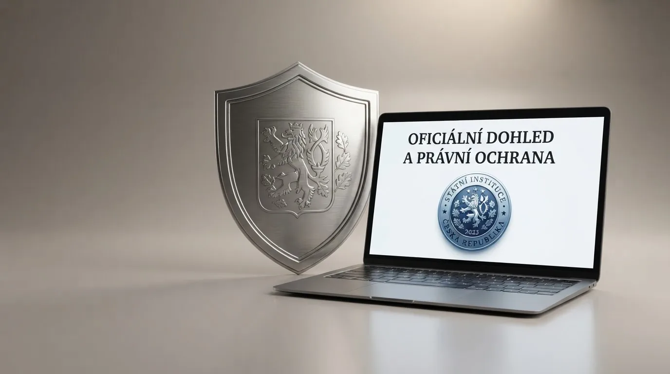 Úřední dokument nebo pečeť Ministerstva financí ČR vedle loga licencovaného online casina na obrazovce počítače