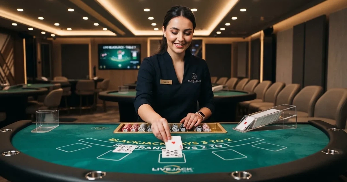 Živý krupiér rozdává karty u blackjackového stolu v profesionálním studiu