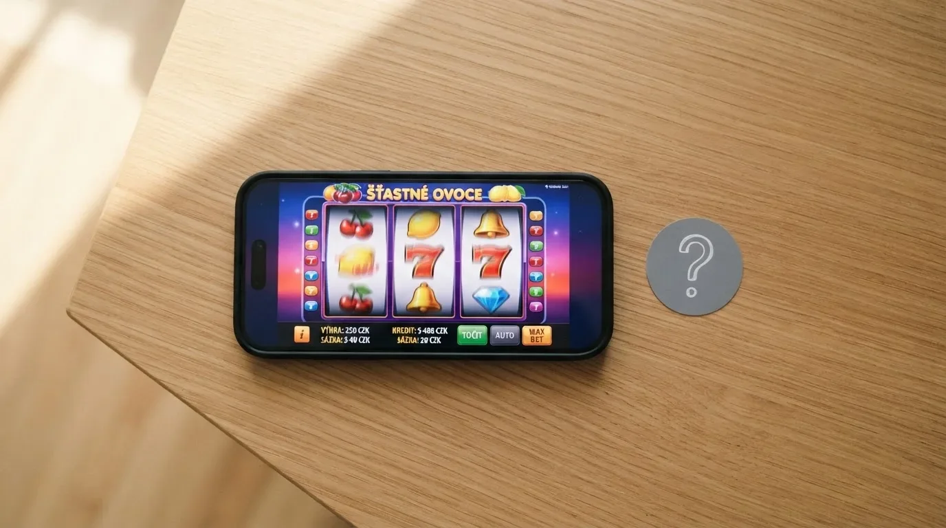 Displej telefonu zobrazující casino hru v mobilním prohlížeči vedle ikony aplikace s varovným otazníkem