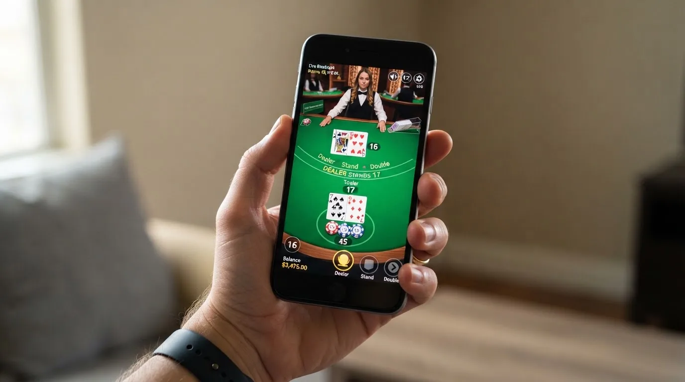 Hráč držící telefon se spuštěnou živou hrou — blackjack na dotykové obrazovce ve svislém režimu