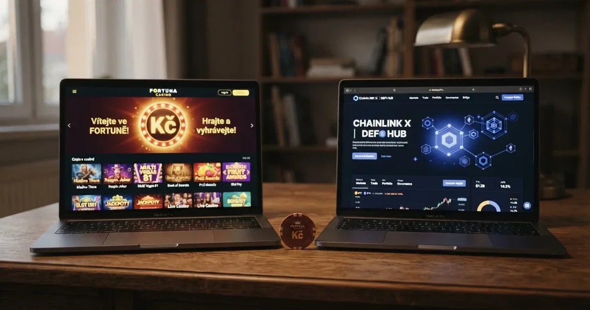 Rozdělená obrazovka — vlevo rozhraní klasického českého online kasina s korunovou měnou a logem MF ČR, vpravo rozhraní krypto kasina s bitcoinovou peněženkou, blockchainem a anglickým menu