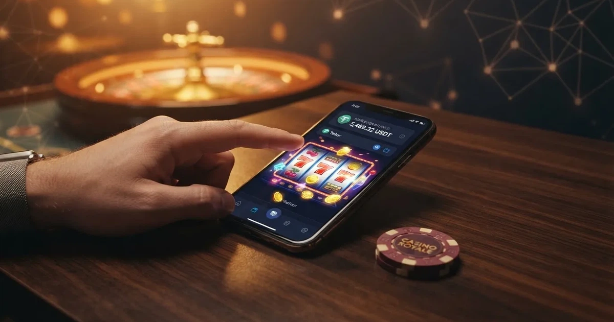 chytrý telefon s otevřenou peněženkou USDT a kasinovými kartami na displeji, na pozadí symboly blockchainu a rulety