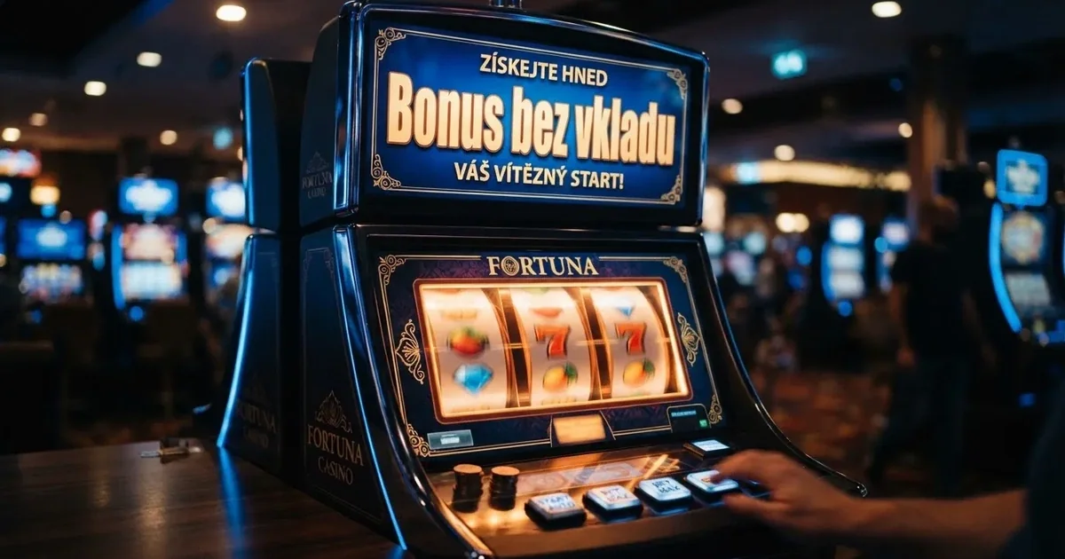 Herní automat s roztočenými válci, v popředí nápis „Bonus bez vkladu“ v českém jazyce, modré a zlaté barevné schéma evokující důvěryhodnost