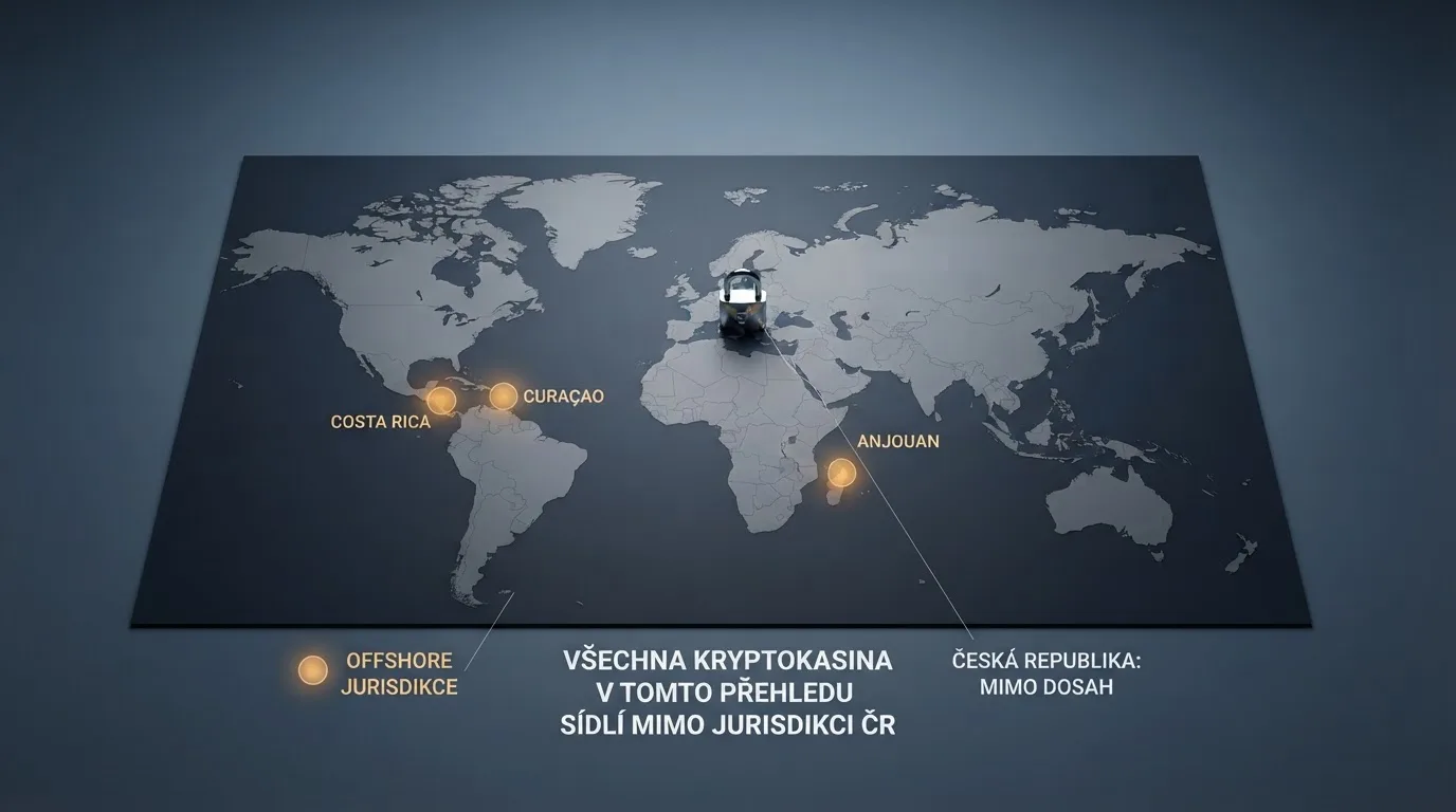 Mapa světa s vyznačením offshore jurisdikcí — Curaçao, Anjouan, Kostarika — a symbolem zámku u České republiky