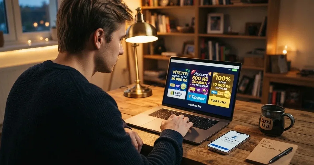 Hráč u notebooku si prohlíží nabídku uvítacích bonusů českého online kasina, na stole leží mobil s otevřenou aplikací Bank iD