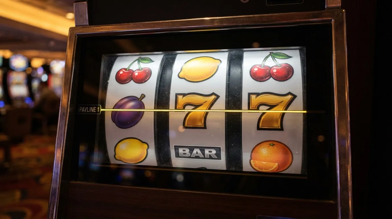 Koláž klasických ovocných symbolů na válcích — třešně, citróny, pomeranče, švestky, sedmičky a BAR — nasvícené výherní linie