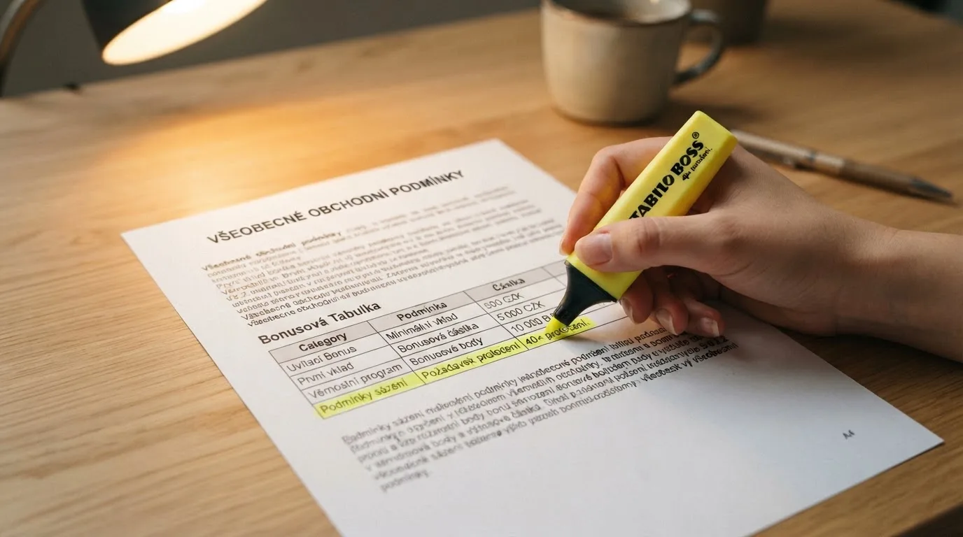 Detailní záběr na podmínky protočení zvýrazněné v obchodních podmínkách online casina