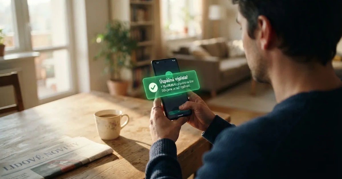 Hráč držící mobilní telefon s otevřenou aplikací online casina, na obrazovce notifikace o úspěšném připsání výhry na účet