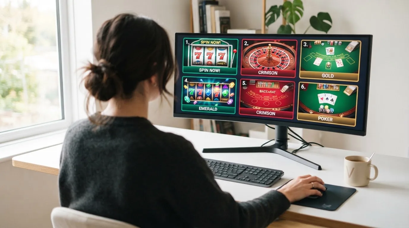 Koláž log a ukázek prostředí několika licencovaných online kasin na obrazovce monitoru