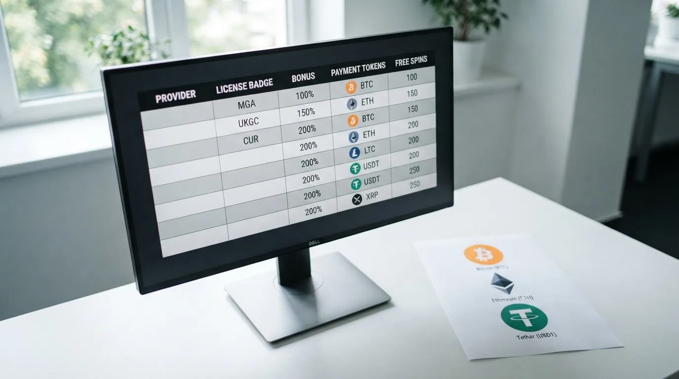 Přehledná srovnávací tabulka na monitoru se zvýrazněnými sloupci licence a uvítací bonus, vedle stojí graf s logy kryptoměn BTC, ETH, USDT