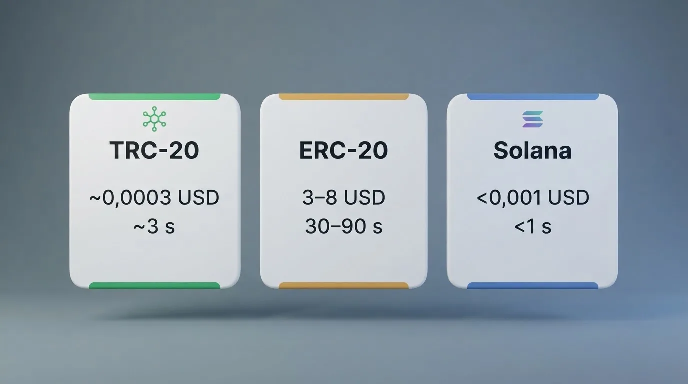 tři panely srovnávající TRC-20, ERC-20 a Solanu — každý ukazuje ikonu sítě, typický poplatek v dolarech a dobu potvrzení v sekundách