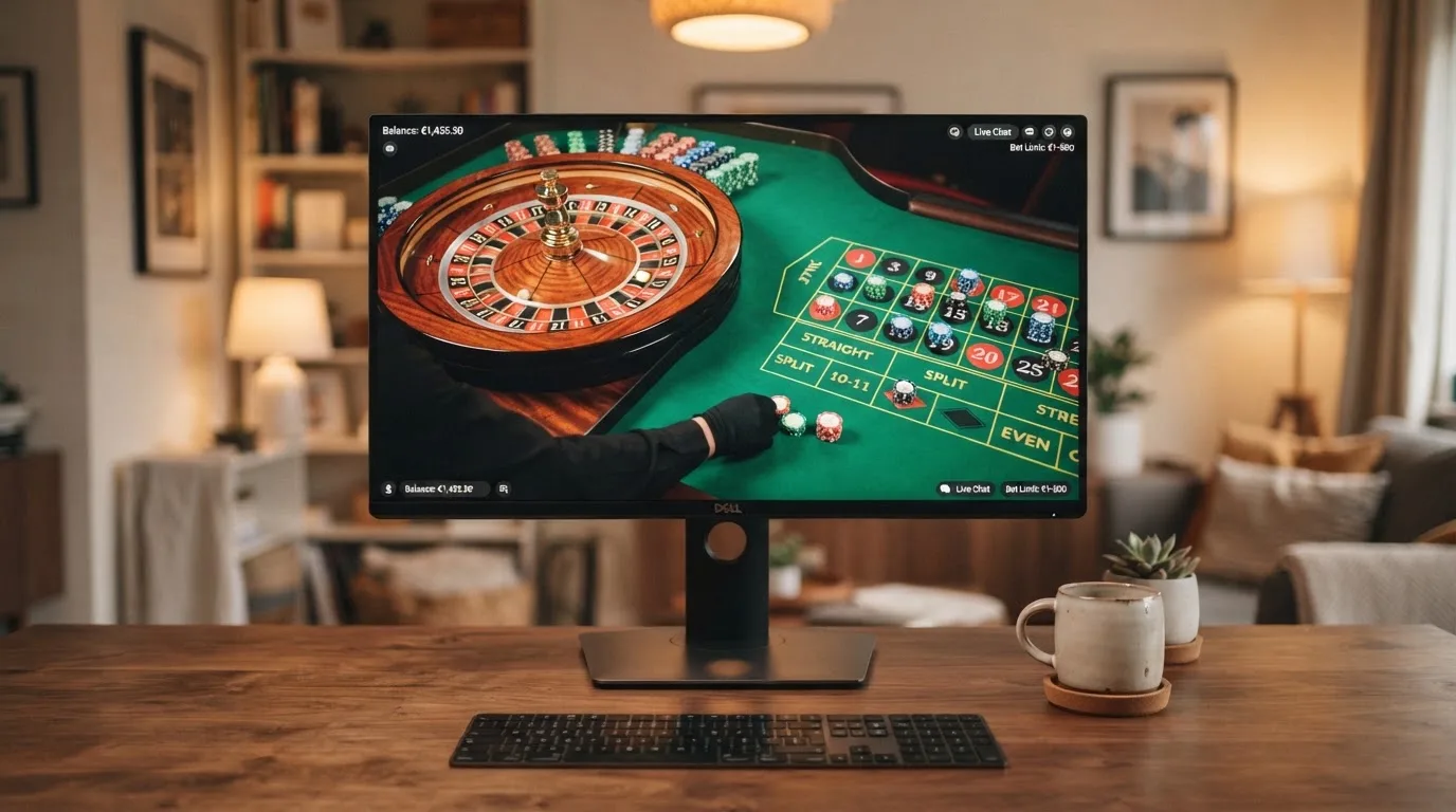 Koláž živých kasinových her — ruleta, blackjack, poker a herní show na obrazovce monitoru