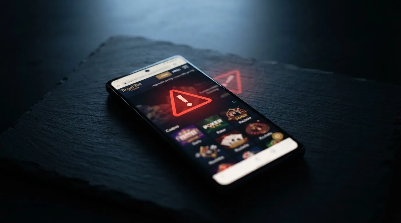 Displej mobilního telefonu s varovným vykřičníkem před webovou stránkou zahraničního casina