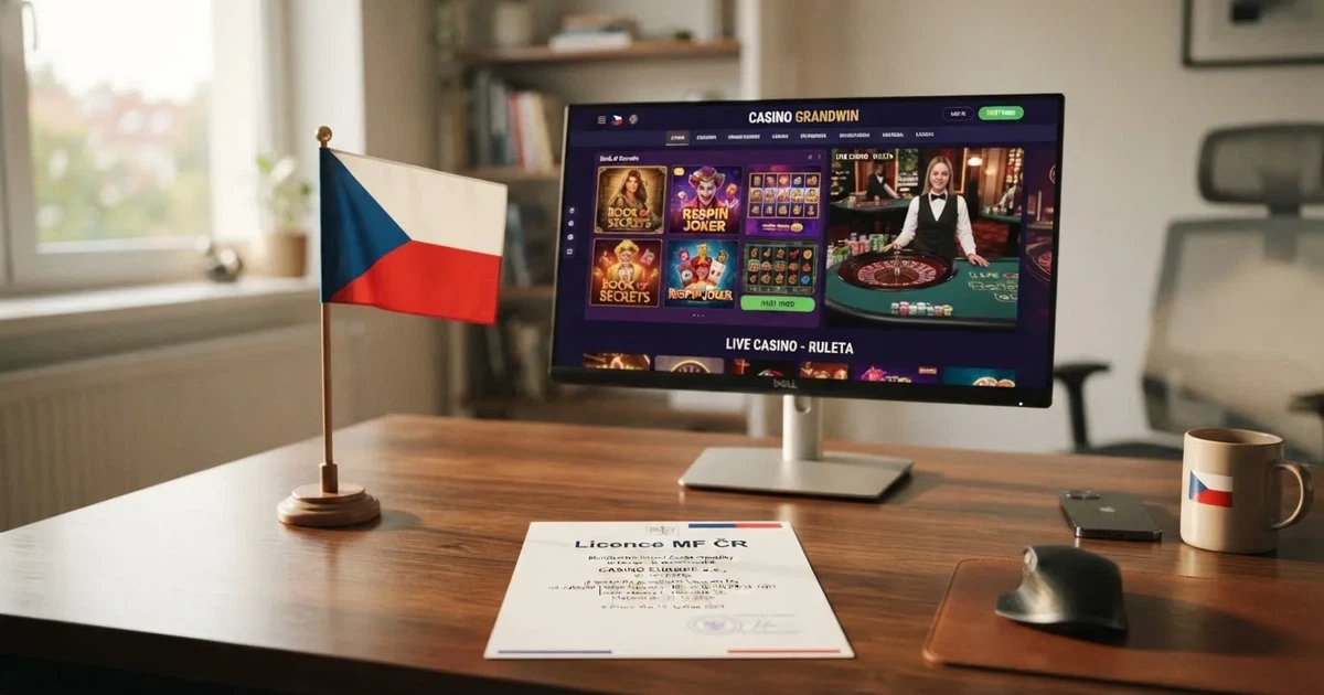Česká vlajka vedle obrazovky s online casinem a dokumentem s nápisem „Licence MF ČR“